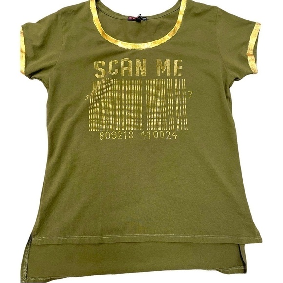 MYSTIQ Ladies Short Sleeve Tee, Size 2 XL, Bling Bar Code And Gold Foil Trim - Picture 1 of 2